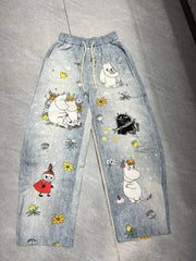 Street style cartoon stickers pants  for women