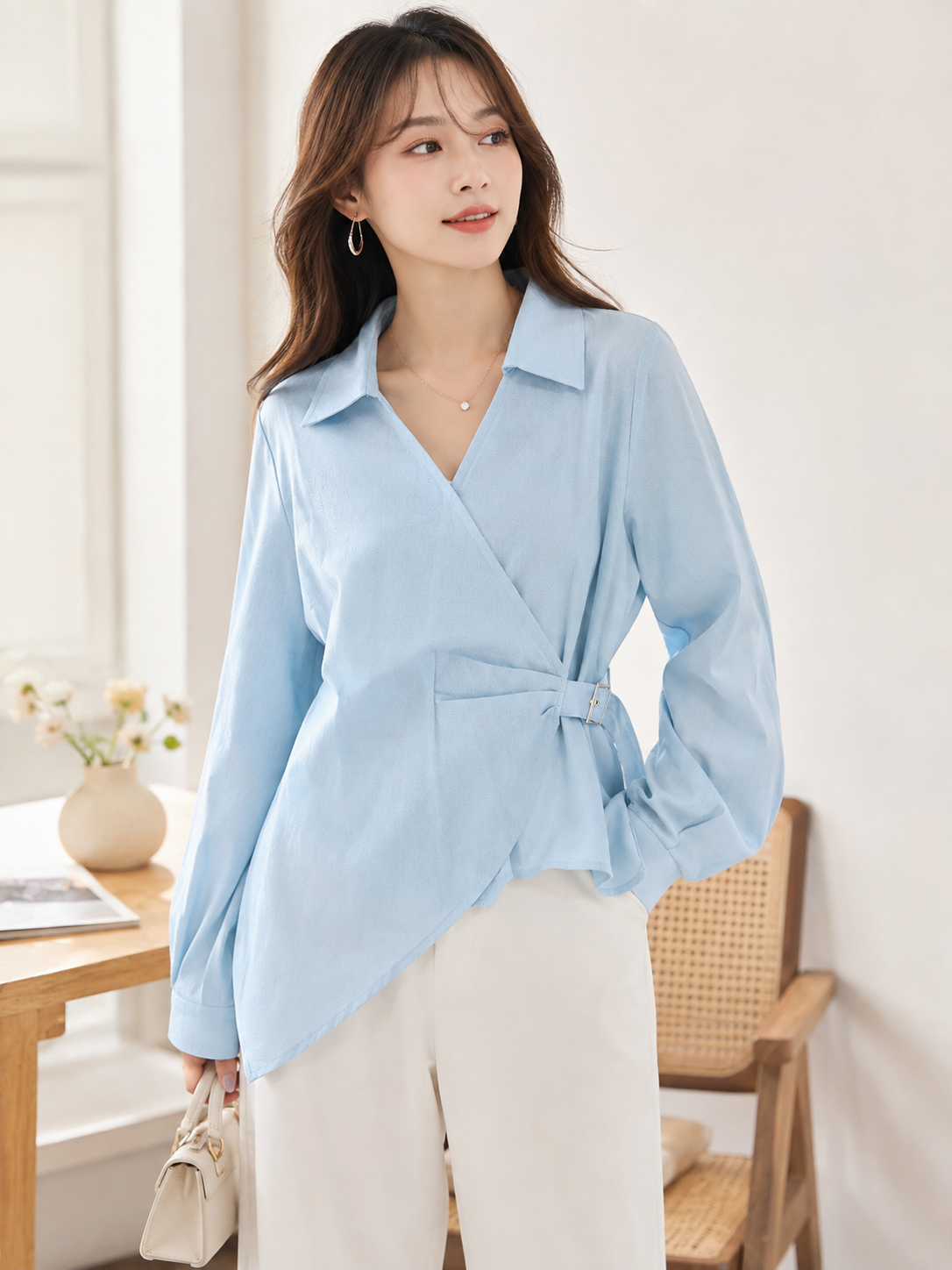 Side Wrap Buckle Shirt Top for Women – Full Sleeve Collared Stylish Top
