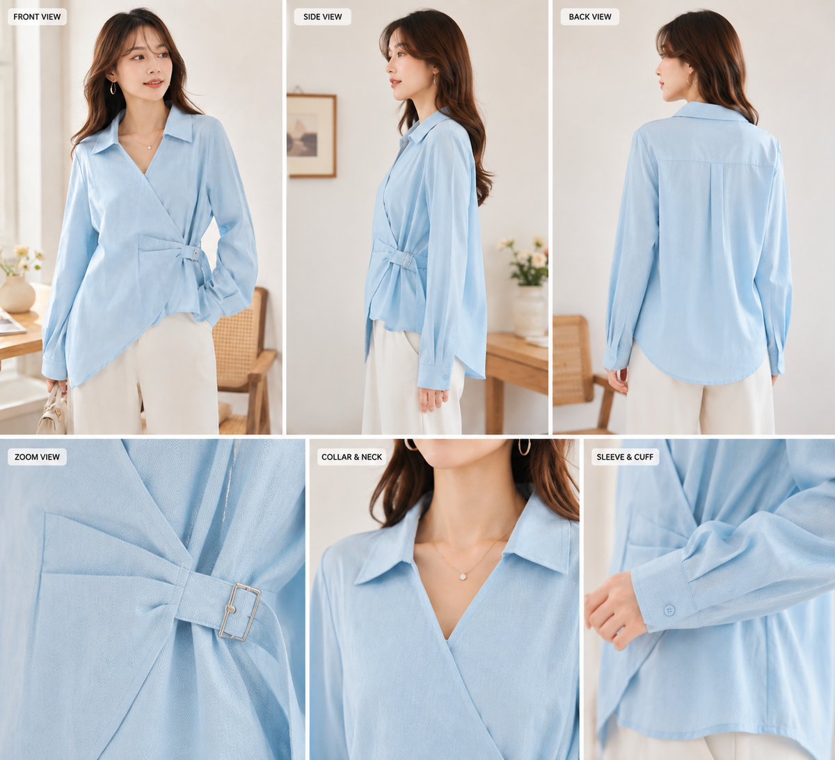 Side Wrap Buckle Shirt Top for Women – Full Sleeve Collared Stylish Top