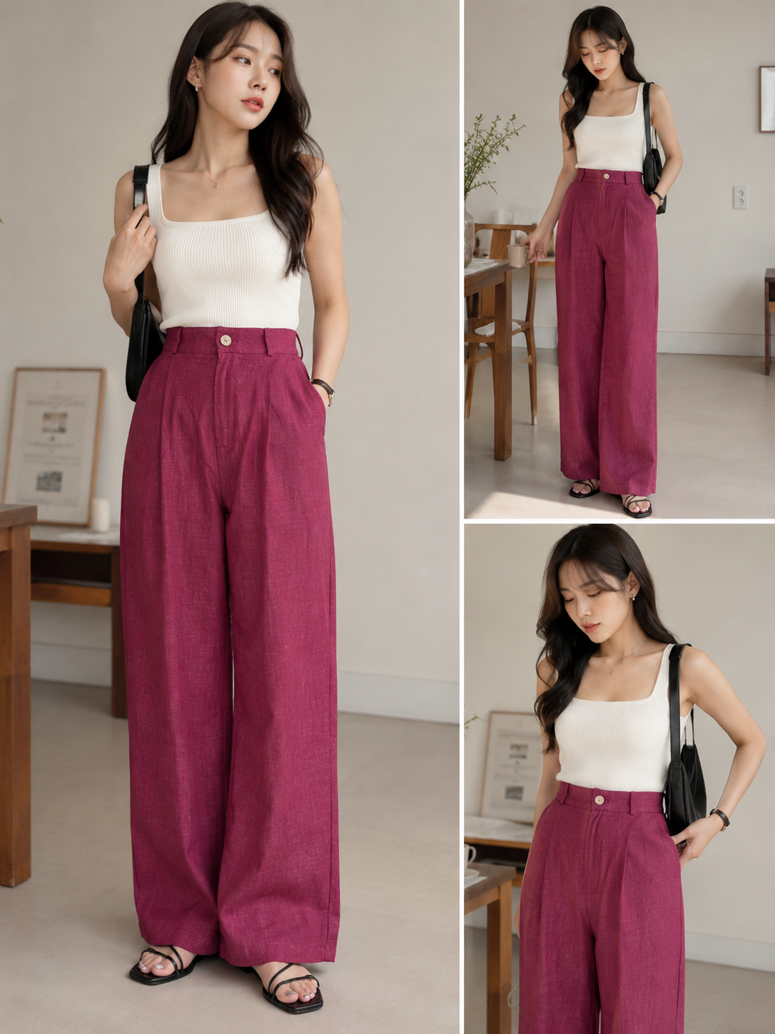 Women's Brown Linen Wide Leg Pleated Pants trousers