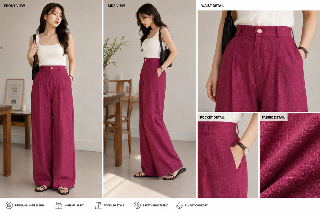 Women's Brown Linen Wide Leg Pleated Pants trousers