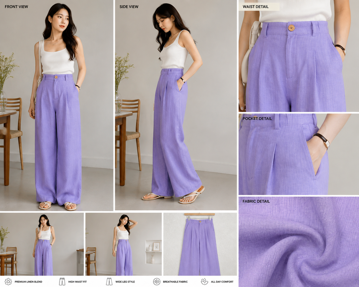 Women's Brown Linen Wide Leg Pleated Pants trousers