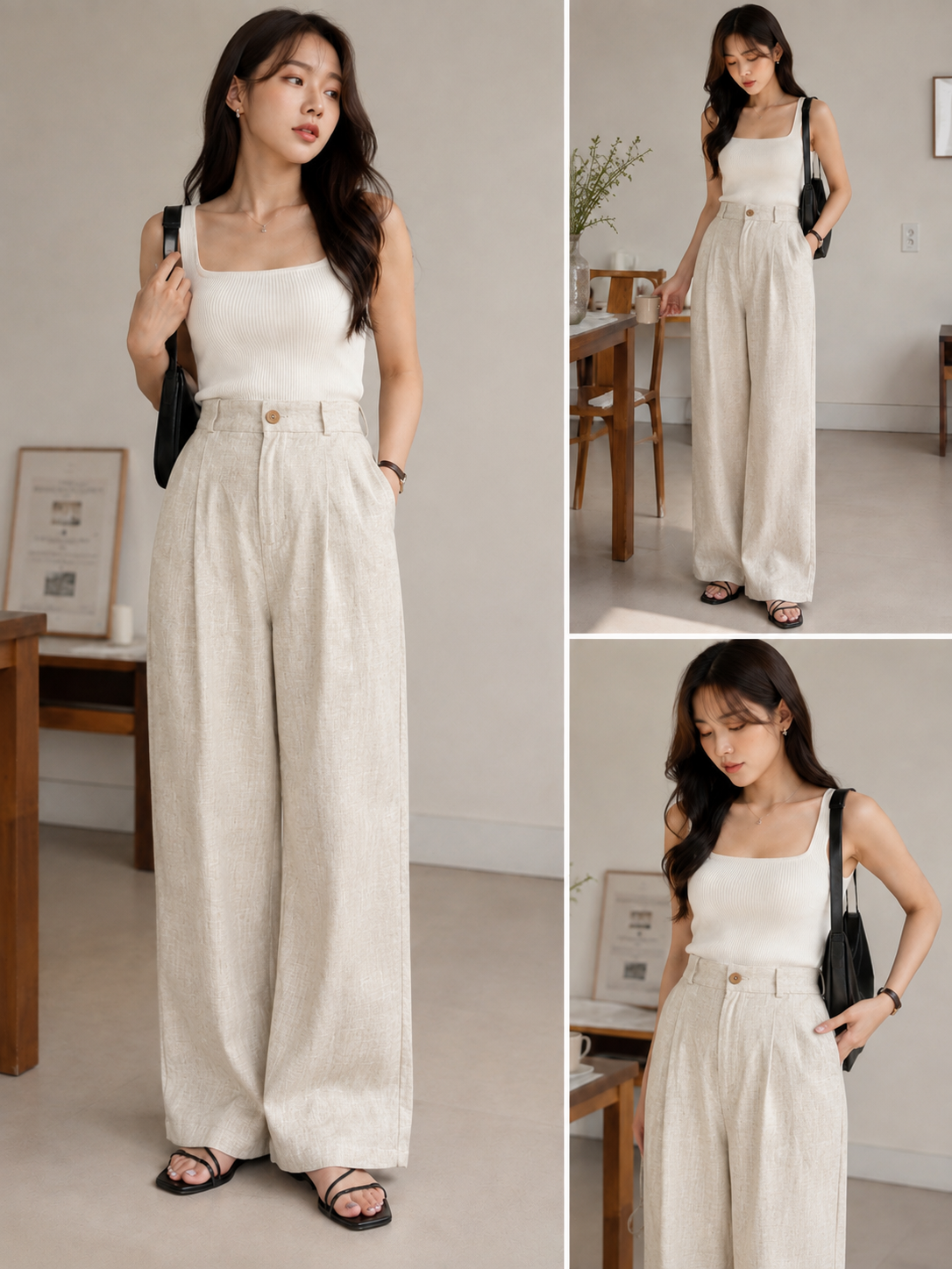 Women's Brown Linen Wide Leg Pleated Pants trousers
