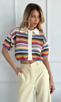 Multicolour Striped Knit Short-Sleeve Cardigan Top