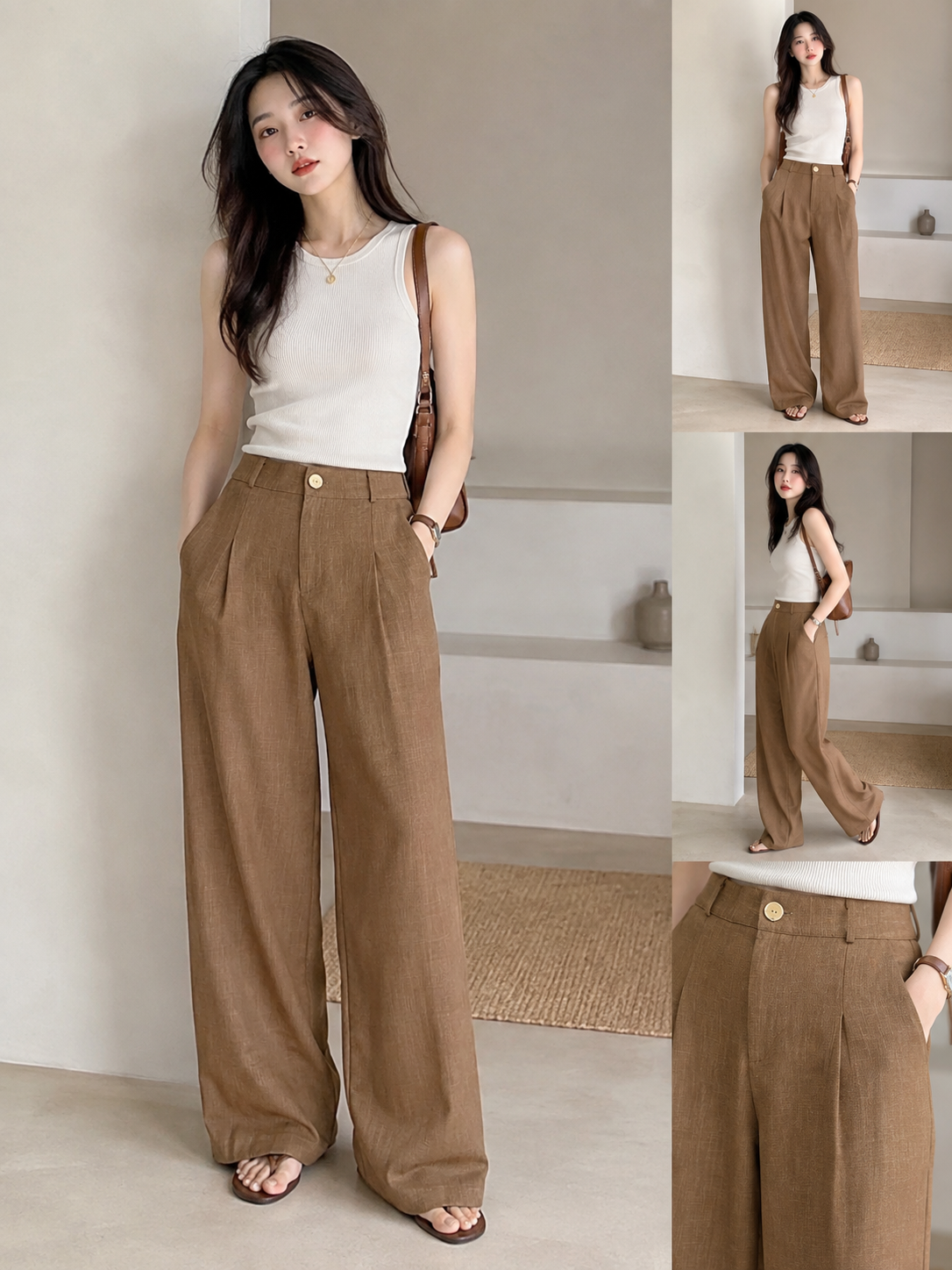 Women's Brown Linen Wide Leg Pleated Pants